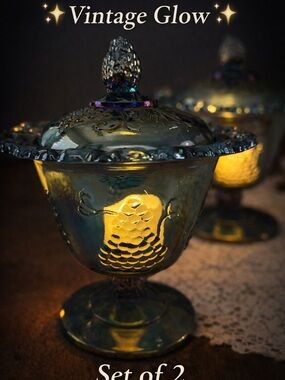 Set of 2 Vintage Carnival Glass Fairy Lamps – Iridescent Blue Grape Pattern